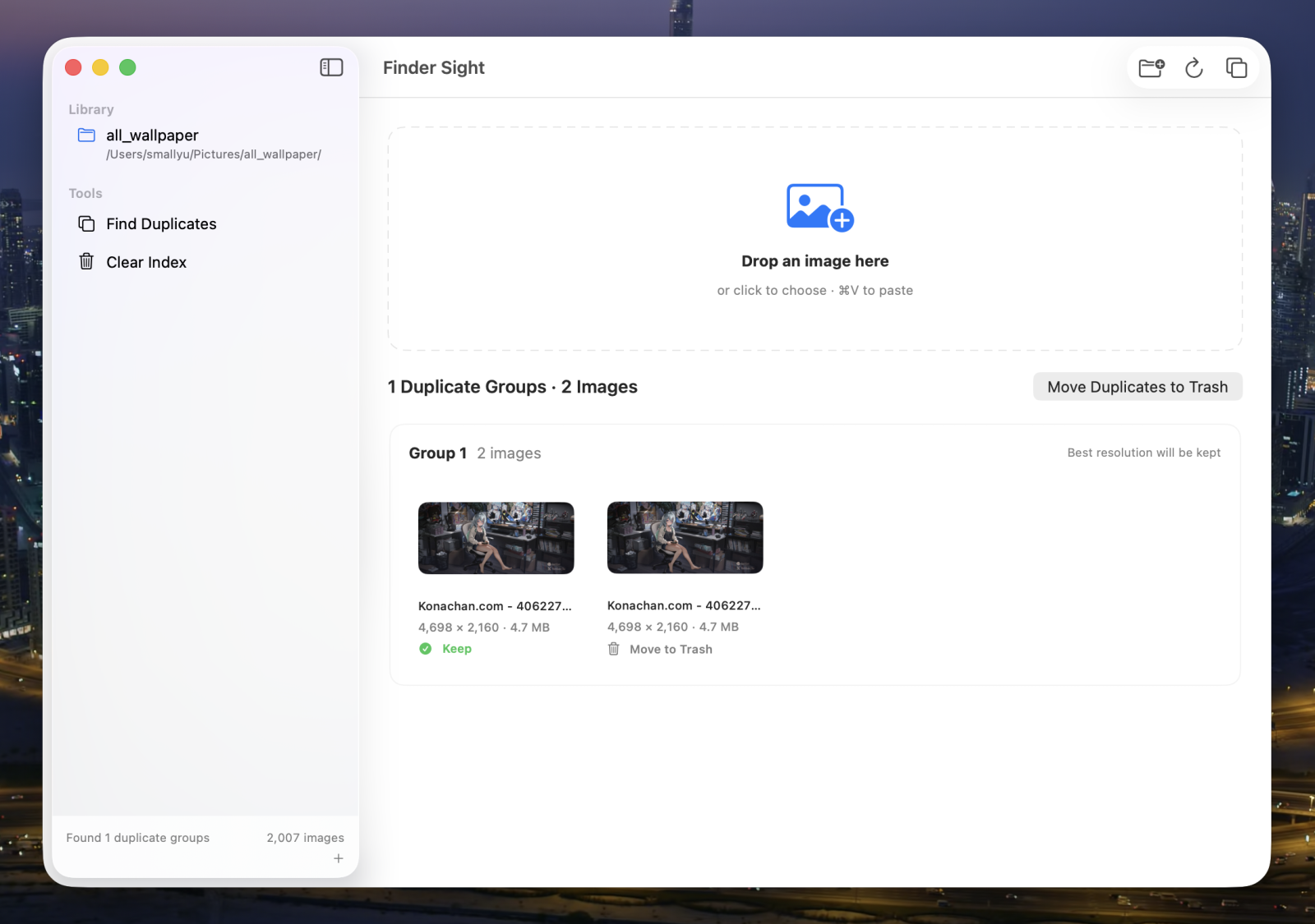 Finder Sight duplicate group with keep and move-to-Trash recommendations